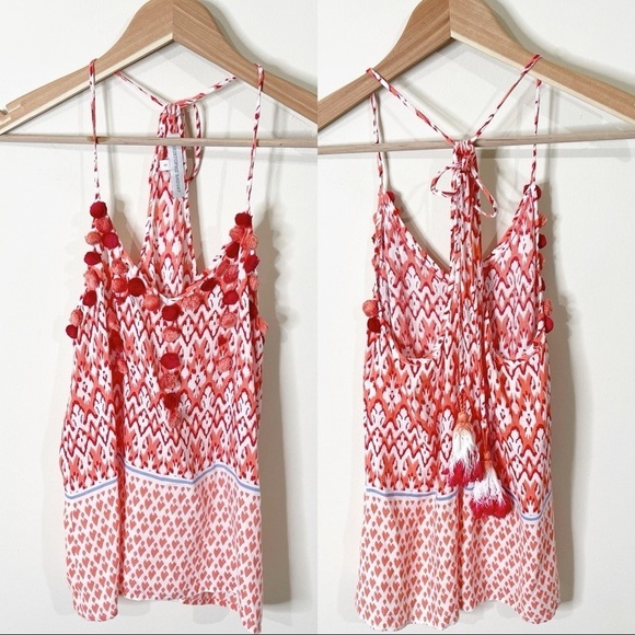 Christophe Sauvat Tops - Christophe Sauvat Coral Printed Pom Pom Tasseled Adjustable Tank Top Size Small